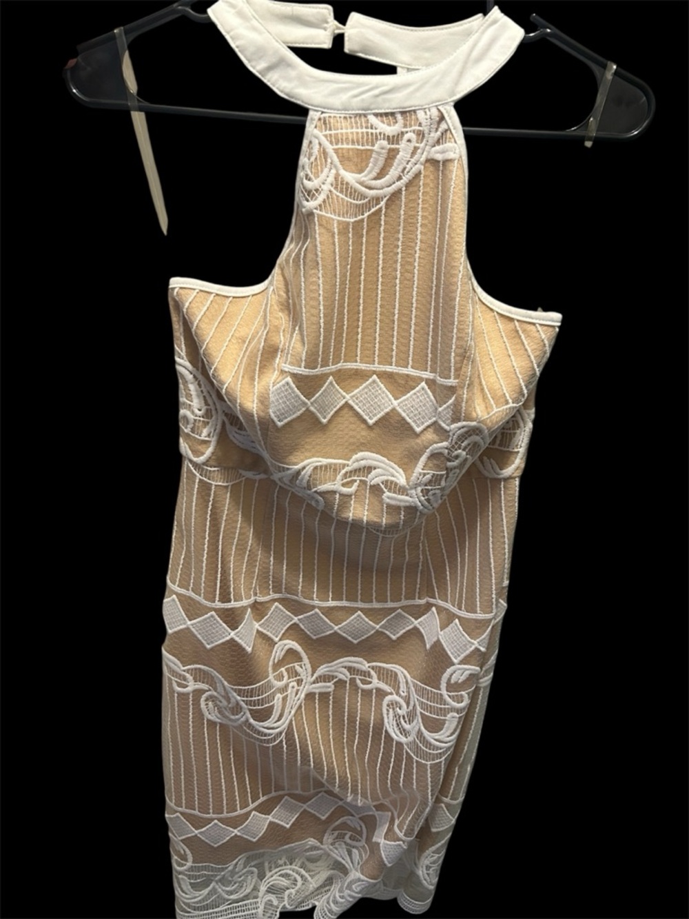 Chic Beige Halter Backless Dress with White Lace Overlay